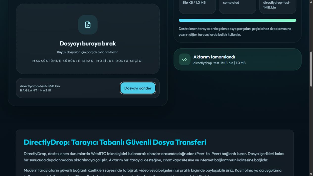 DirectlyDrop üzerinde 1 MiB sentetik dosyanın tamamlandığını gösteren test ekranı